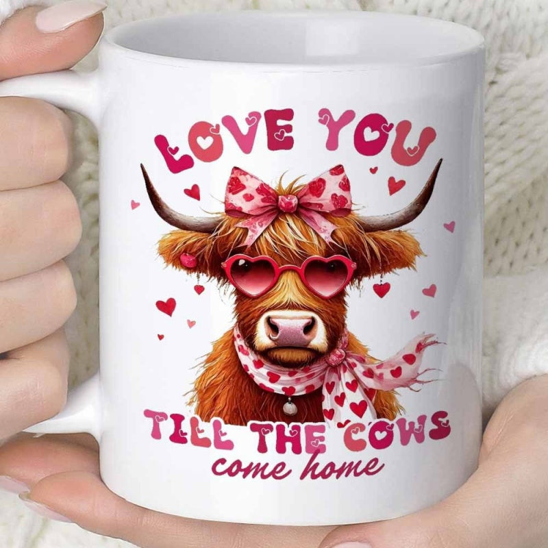 Tailorly White Ceramic 11 oz Mug - Love You Till The Cows Come Home Wearing Pink Bow And Heart Glasses Among Floating Hearts Cow