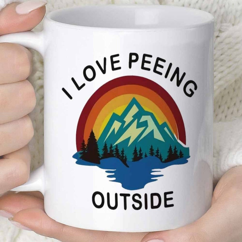 Tailorly White Ceramic 11 oz Mug - I Love Peeing Outside Retro Landscape Featuring Forest Trees Among Colorful Rainbow Sunset Arcs Mountain