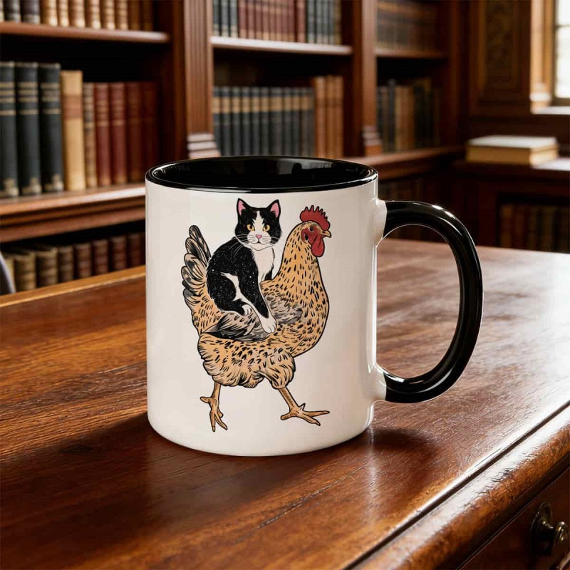 Tailorly Black Accent 11 oz Mug - cat and chicken