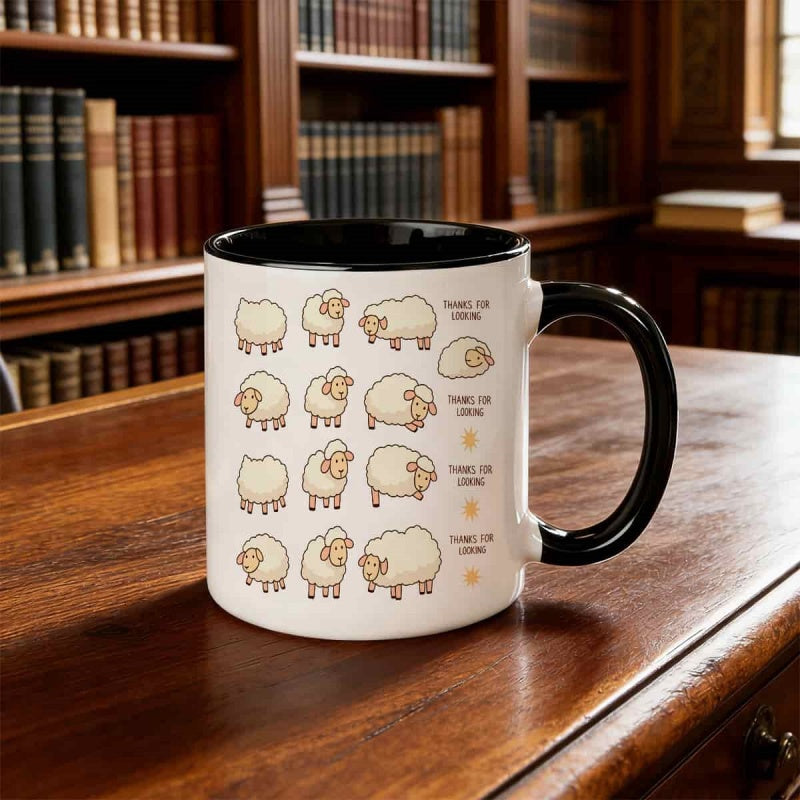 Tailorly Black Accent 11 oz Mug - sheep cartoon with thank