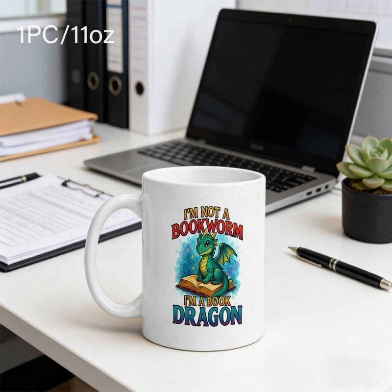 Tailorly White Ceramic 11 oz Mug - Im Not A Bookworm Im A Book Dragon Adorable Green Creature Resting On Open Pages Among Blue Background Dragon