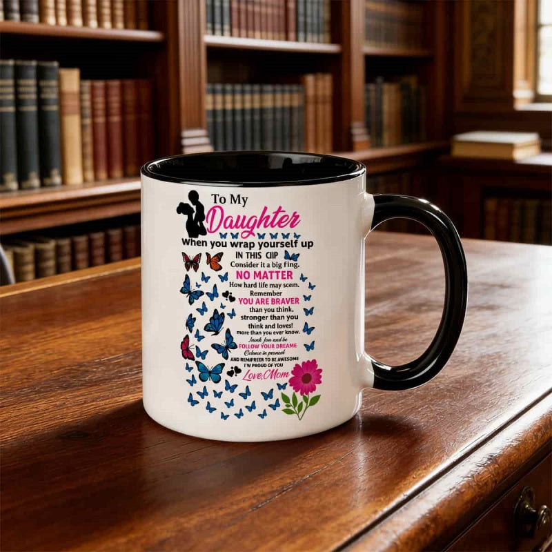 Tailorly Black Accent 11 oz Mug - inspirational daughter quote in Spanish with love phrases， vibrant purple
