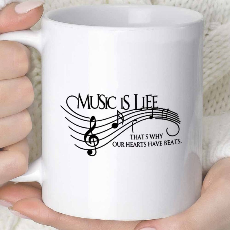 Tailorly White Ceramic 11 oz Mug - Music Is Life Thats Why Our Hearts Have Beats Flowing Musical Staff With Artistic Notes And A Graceful Treble Clef Note