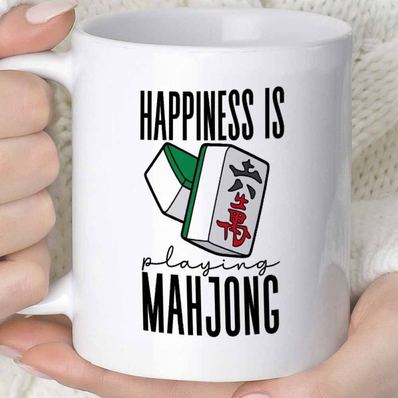 Tailorly White Ceramic 11 oz Mug - Happiness Is Playing Mahjong Traditional Chinese Gaming Pieces With Green Backing Character Mahjong Tile