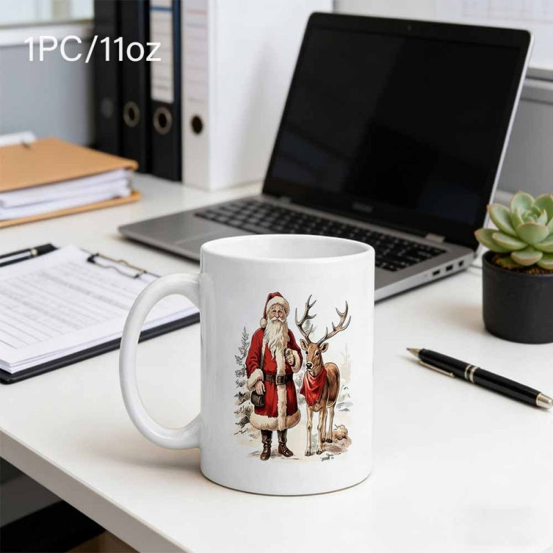 Tailorly White Ceramic 11 oz Mug - Festive Reindeer And Traditional Santa Standing Among Snowy Winter Trees Santa Claus