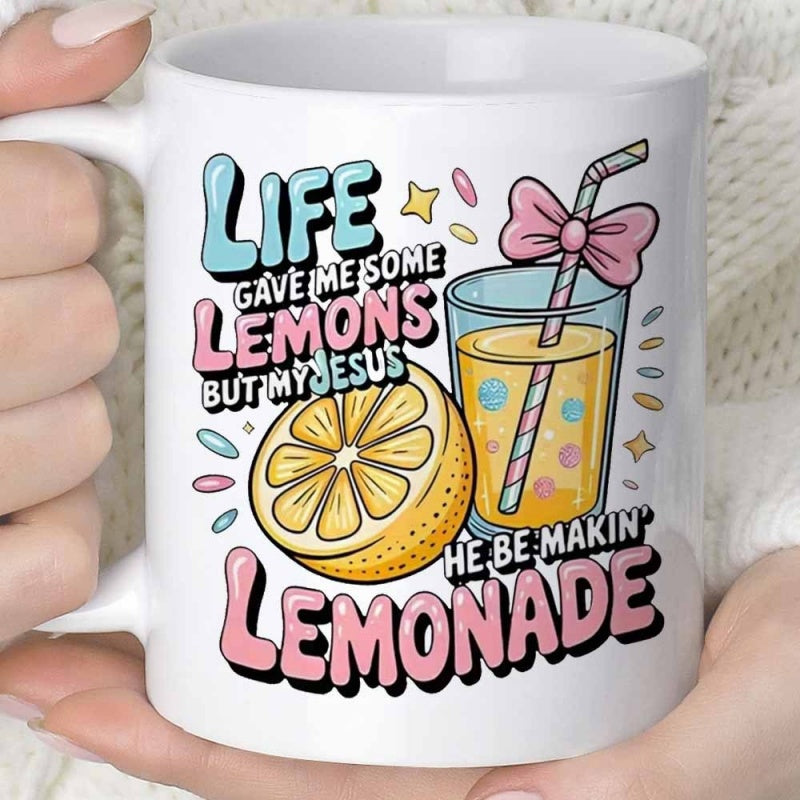 Tailorly White Ceramic 11 oz Mug - Life Gave Me Some Lemons But My Jesus He Be Makin Lemonade Hand Drawn Sliced Lemon Beside Refreshing Drink With Pink Ribbon