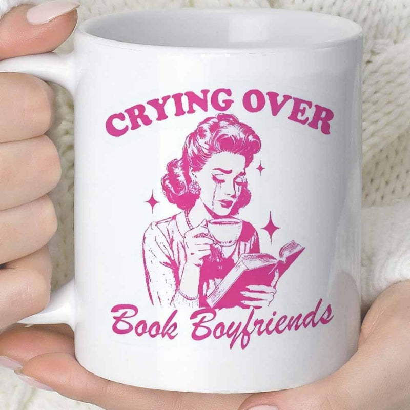 Tailorly White Ceramic 11 oz Mug - Crying Over Book Boyfriends Vintage Retro Illustration Of A Weeping Lady Reading A Book Woman