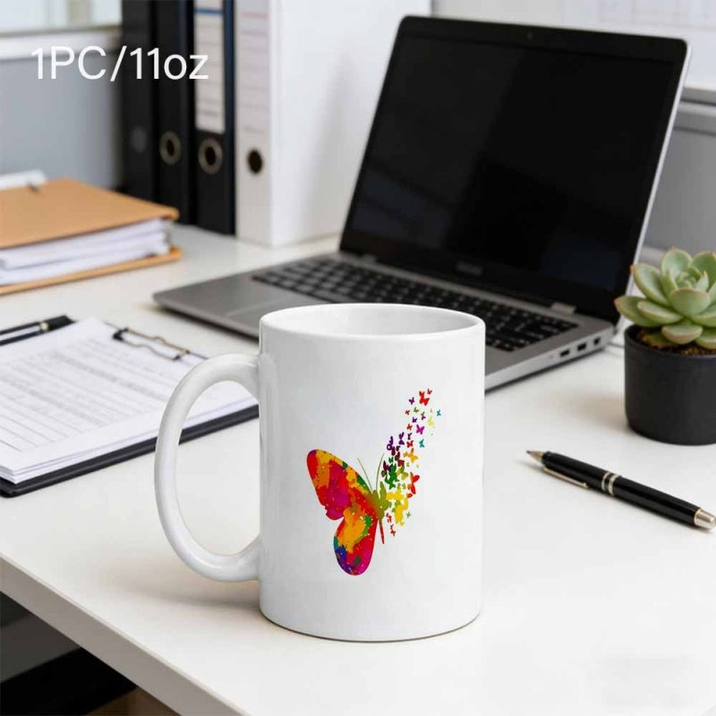 Tailorly White Ceramic 11 oz Mug - Vibrant Watercolor Artistic Wings Transforming Into Tiny Flying Silhouettes Butterfly