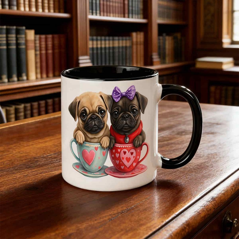 Tailorly Black Accent 11 oz Mug - cows and chickens illustration