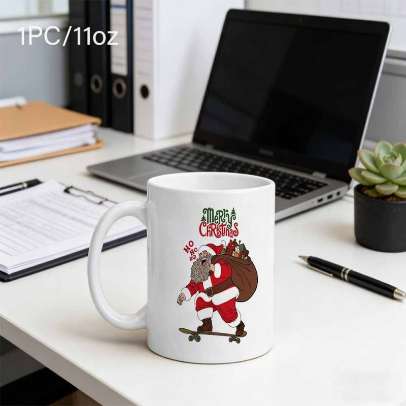 Tailorly White Ceramic 11 oz Mug - Merry Christmas Santa Claus Riding A Skateboard And Carrying A Brown Gift Sack Mug