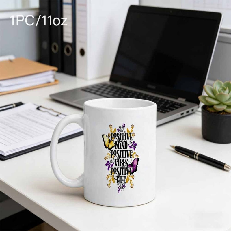 Tailorly White Ceramic 11 oz Mug - Positive Mind Positive Vibes Positive Life Elegant Butterflies Dancing Among Golden Filigree And Vibrant Purple Flowers