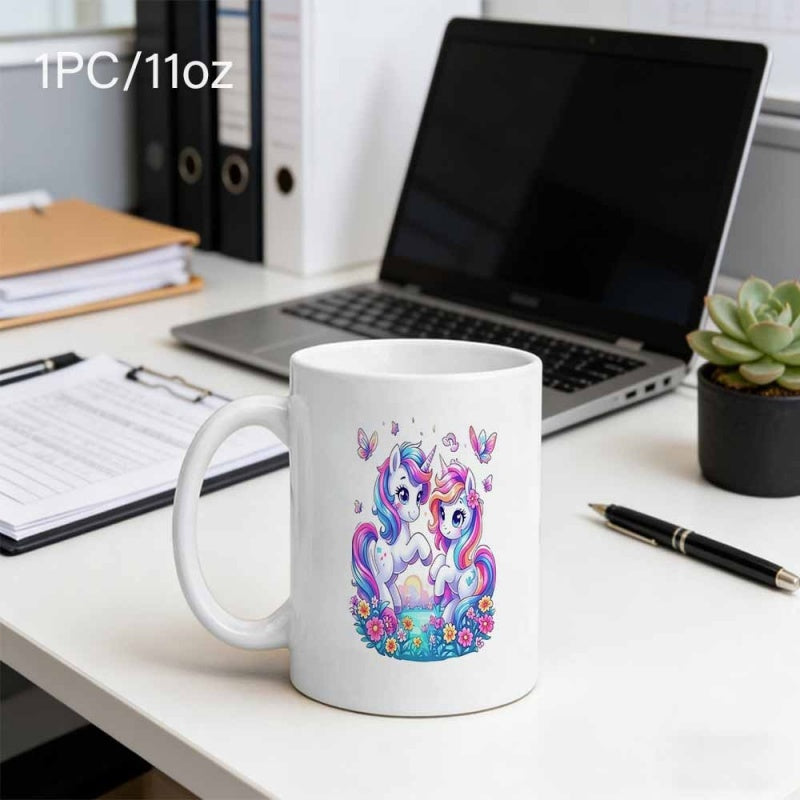 Tailorly White Ceramic 11 oz Mug - Two Cute Pastel Creatures With Flowing Manes Amidst Vibrant Garden Flowers Unicorn