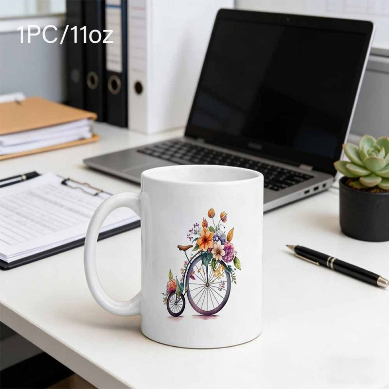 Tailorly White Ceramic 11 oz Mug - Vintage Penny Farthing Decorated With Vibrant Colorful Spring Garden Blooming Flowers Bicycle