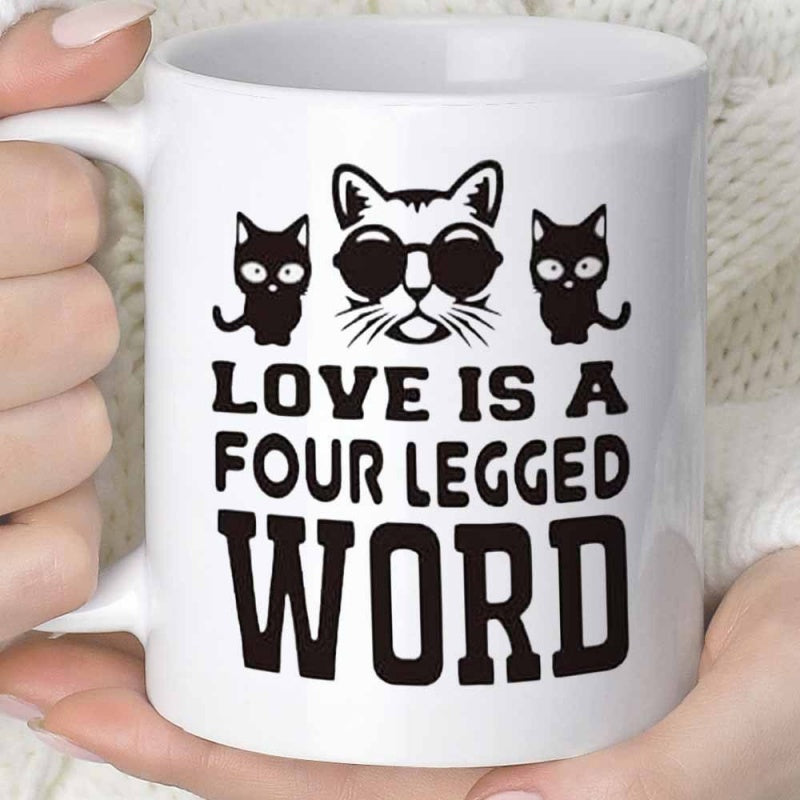 Tailorly White Ceramic 11 oz Mug - Love Is A Four Legged Word Cool Stylized Feline Wearing Sunglasses Between Two Small Silhouette Kitten Cat