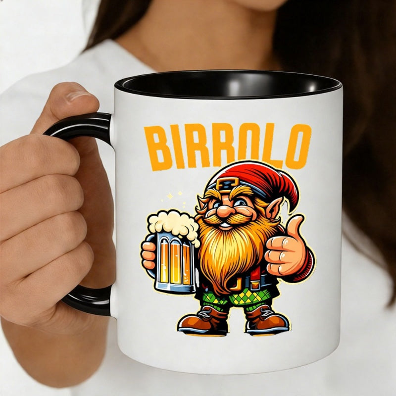 Tailorly Black Accent 11 oz Mug - cartoon gnome with a beer mug and a thumbs up with birrolo text colorful graphic