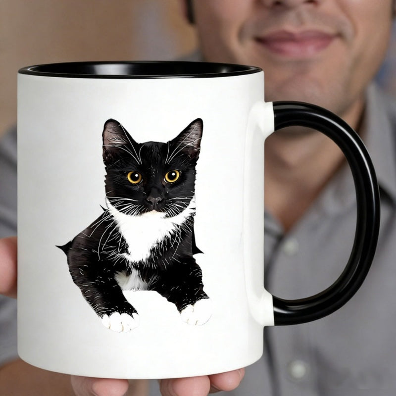 Tailorly Black Accent 11 oz Mug - black and white cat print