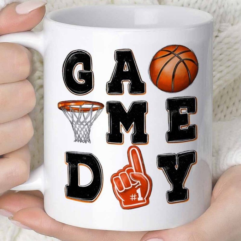 Tailorly White Ceramic 11 oz Mug - Game Day Vintage Sporty Lettering Accompanied By Hoop And Foam Finger Graphics Basketball
