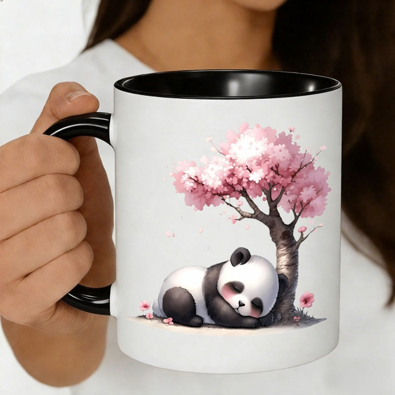 Tailorly Black Accent 11 oz Mug - sleeping panda under cherry tree pink floralpeaceful cute panda design