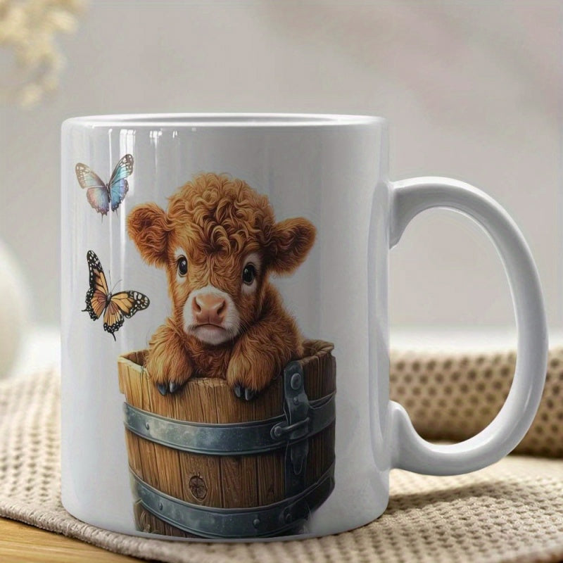 Tailorly White Ceramic 11 oz Mug - Adorable Fluffy Brown Calf Sitting Inside A Rustic Wooden Barrel Cow