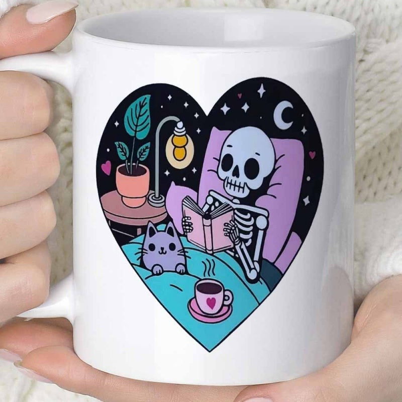 Tailorly White Ceramic 11 oz Mug - Cozy Night Scene With Charming Skeleton Reading Book Under Moonlight Skeleton