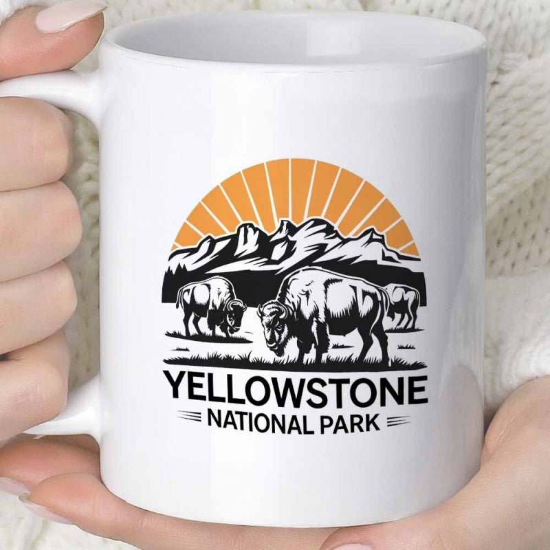 Tailorly White Ceramic 11 oz Mug - Yellowstone National Park Vibrant Orange Sun Over Silhouette Mountain Range With Grazing Bisons Bison