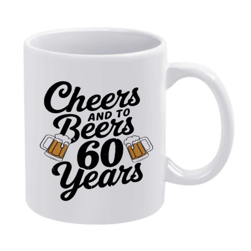 Tailorly White Ceramic 11 oz Mug - Cheers And To Beers 60 Years Two Foaming Glass Beer Mugs Clinking Together For A Birthday Celebration Mug