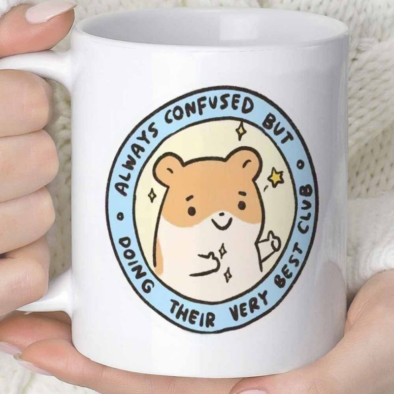 Tailorly White Ceramic 11 oz Mug - Always Confused But Doing Their Very Best Club Adorable Cartoon Animal Inside Circular Badge With Sparkling Decorative Stars