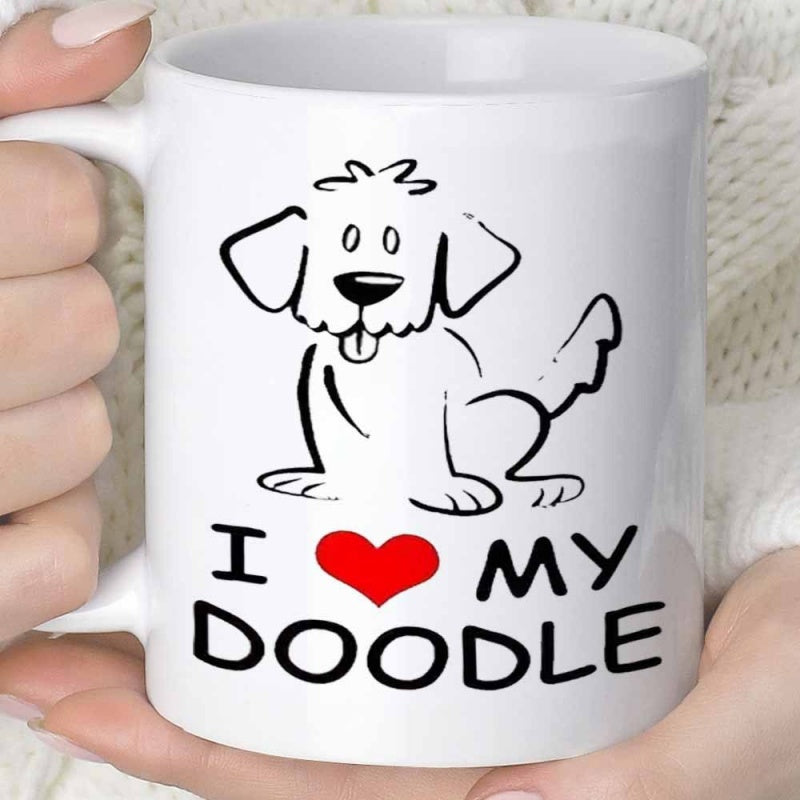Tailorly White Ceramic 11 oz Mug - I Love My Doodle Minimalist Black Line Art Drawing Of A Fluffy Smiling Happy Dog