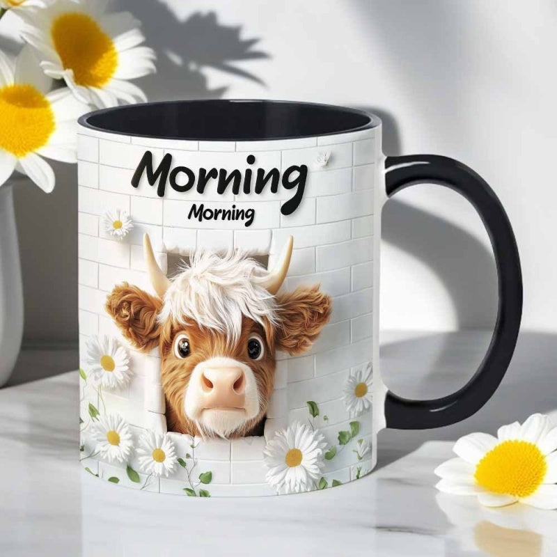 Tailorly Black Accent 11 oz Mug - cute cow peeking through brick wall with daisies