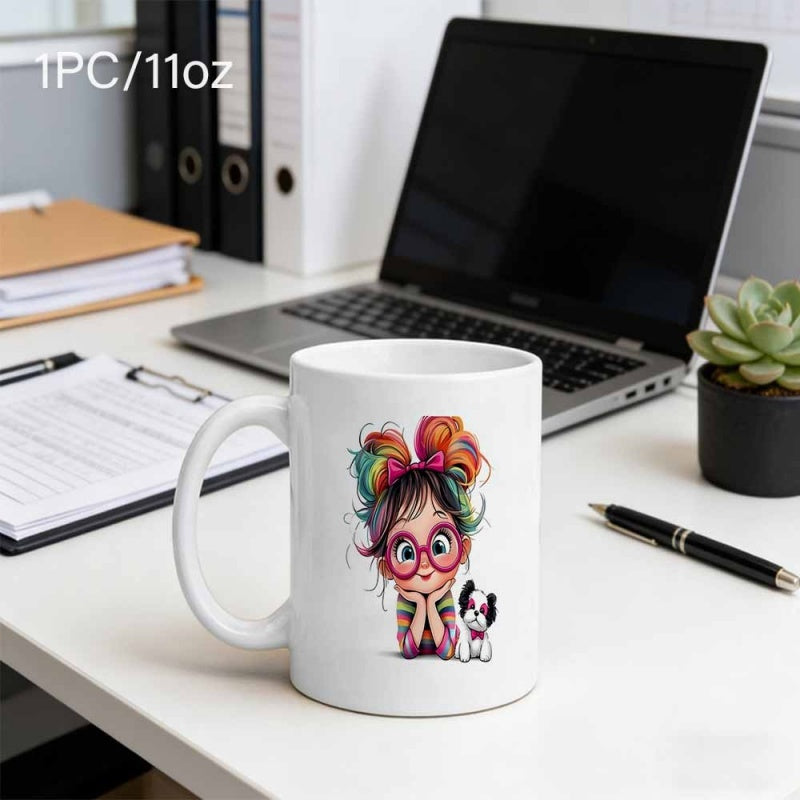 Tailorly White Ceramic 11 oz Mug - Adorable Cartoon Character With Rainbow Hair Buns And Small Spotted Puppy Girl