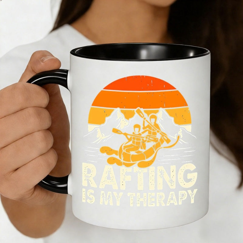 Tailorly Black Accent 11 oz Mug - two people rafting with mountains sunset