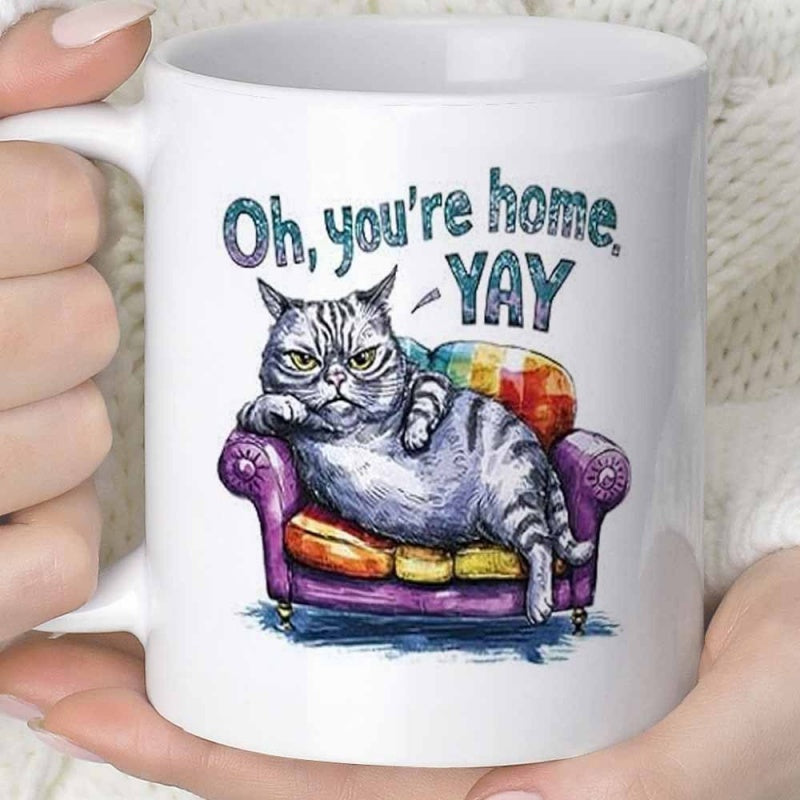Tailorly White Ceramic 11 oz Mug - Oh Youre Home YAY Grumpy Grey Tabby Resting On Colorful Purple Sofa Armchair Cat