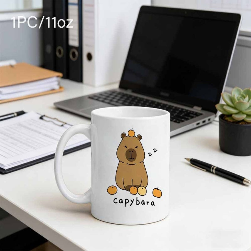 Tailorly White Ceramic 11 oz Mug - Capybara Cute Brown Animal Resting Peacefully With Small Round Oranges Capybara