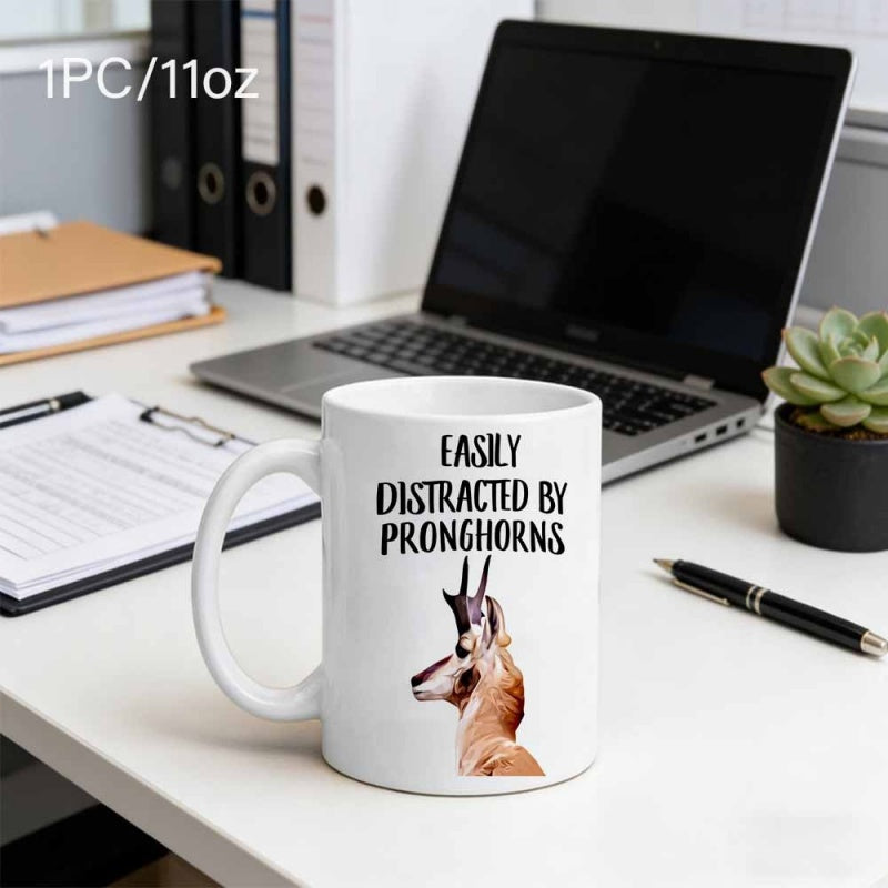 Tailorly White Ceramic 11 oz Mug - Easily Distracted By Pronghorns Realistic Wildlife Portrait Featuring A Distinctive Horned Antelope Profile In Nature Pronghorn