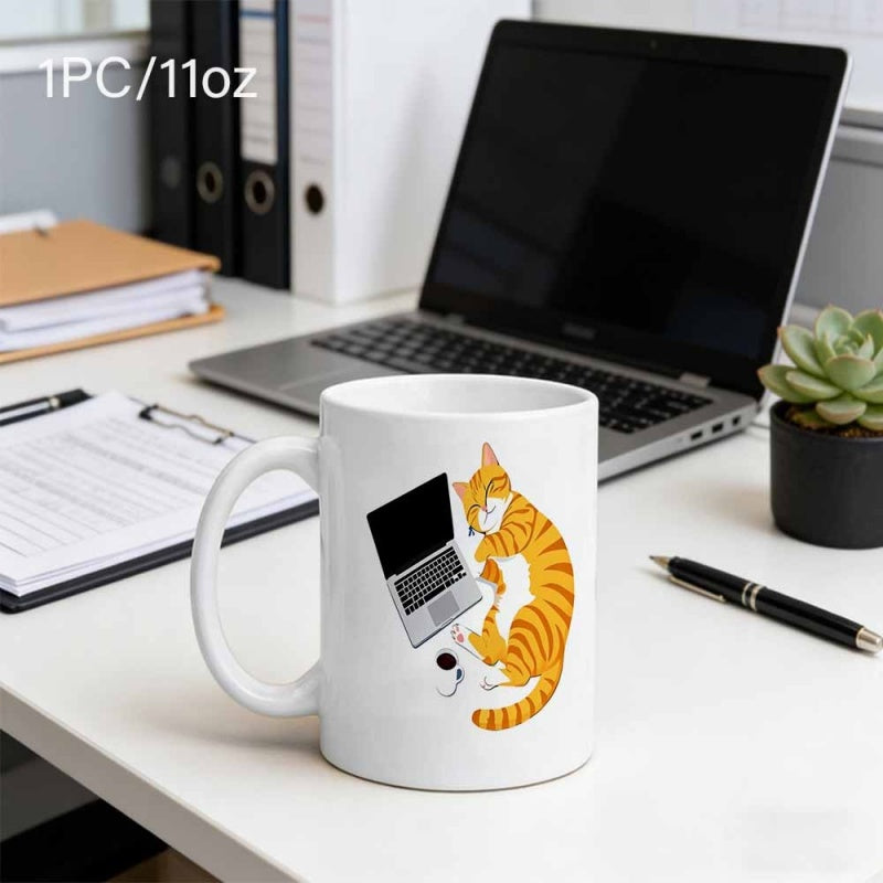 Tailorly White Ceramic 11 oz Mug - Charming Orange Tabby Resting Beside A Sleek Modern Laptop Cat