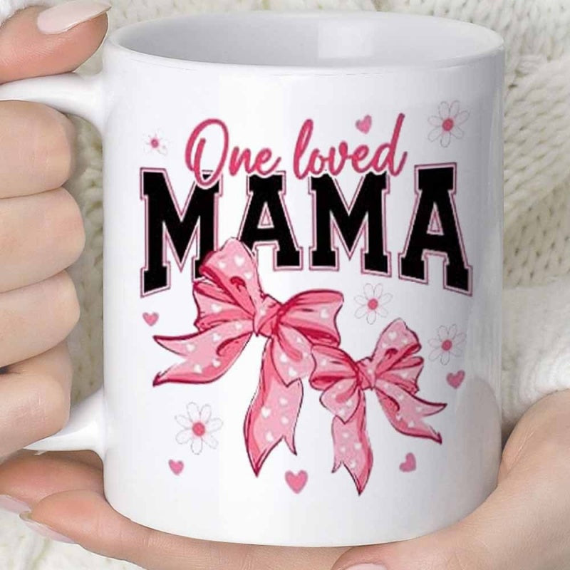 Tailorly White Ceramic 11 oz Mug - One Loved Mama Soft Pink Polka Dot Bows With Dainty Hearts And Daisies Mama
