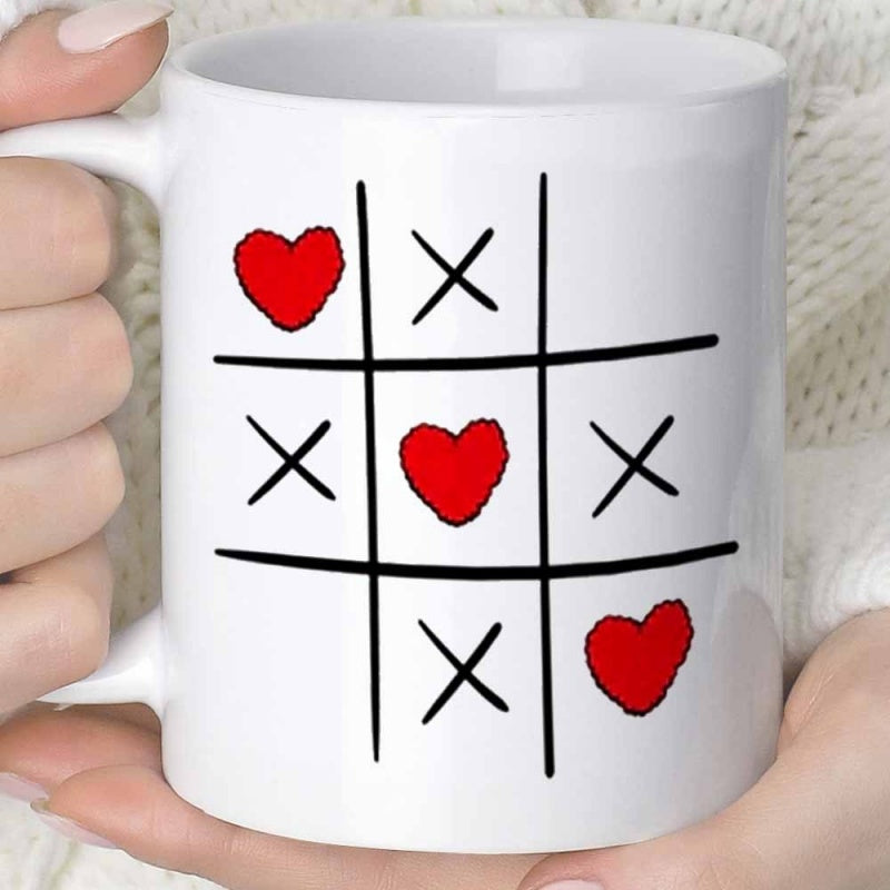 Tailorly White Ceramic 11 oz Mug - Hand Drawn Style Grid Featuring Romantic Red Hearts And Black Crosses Tic Tac Toe