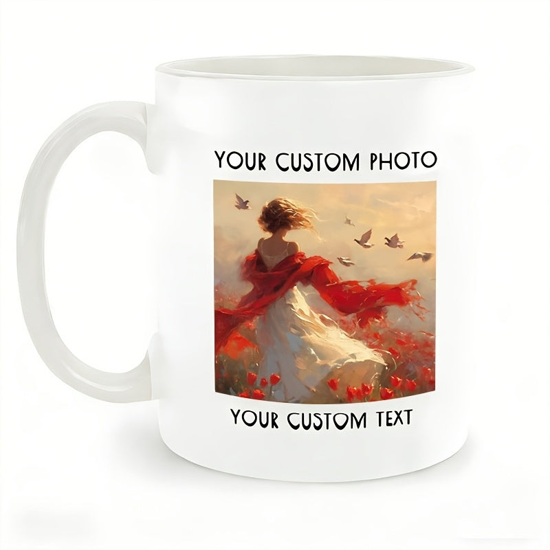Tailorly White Ceramic 11 oz Mug - Your Custom Photo Your Custom Text Graceful Figure Wearing Red Shawl Standing In Poppy Field Woman
