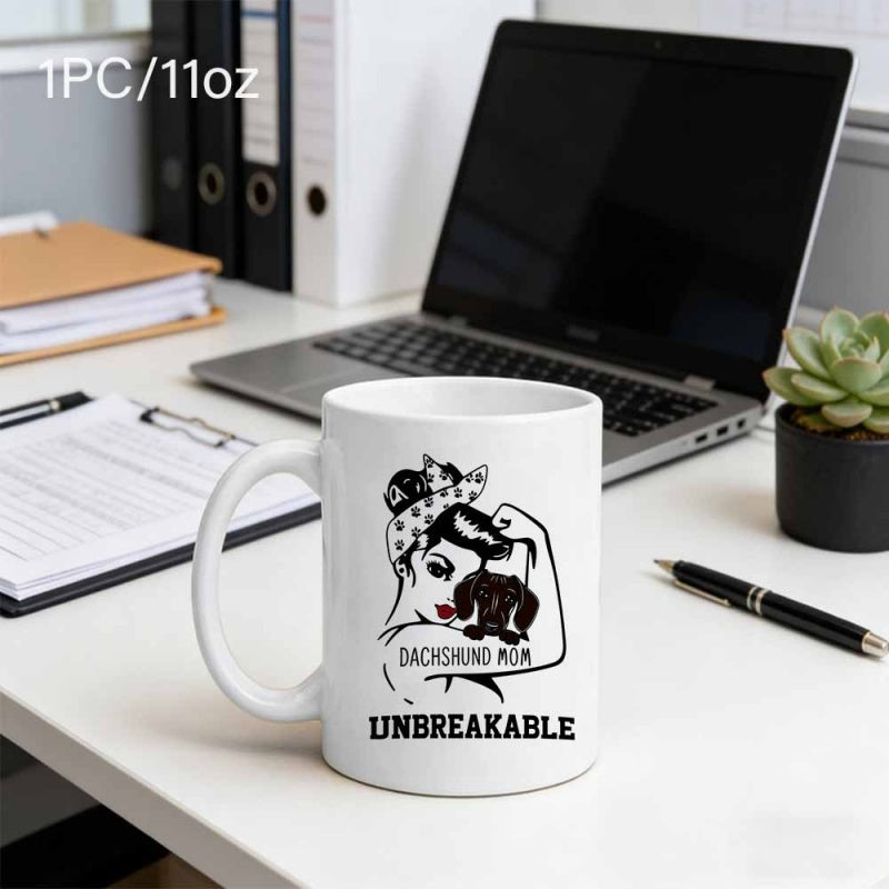 Tailorly White Ceramic 11 oz Mug - Dachshund Mom Unbreakable Empowered Woman Flexing Her Muscles Featuring A Small Loyal Pet Dachshund