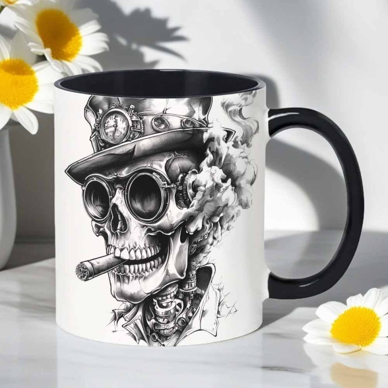 Tailorly Black Accent 11 oz Mug - steampunk skull with goggles and mechanical elements