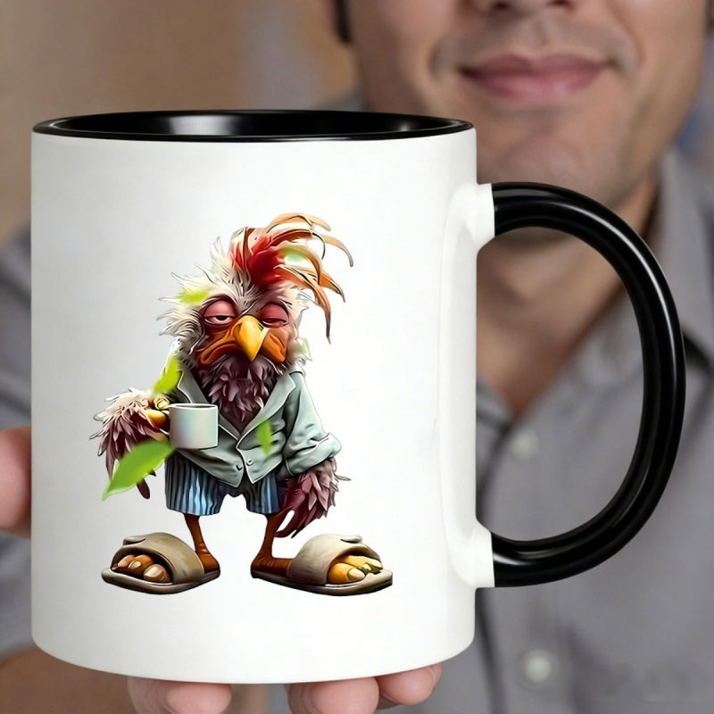 Tailorly Black Accent 11 oz Mug - cartoon in pajamas holding a coffee mug