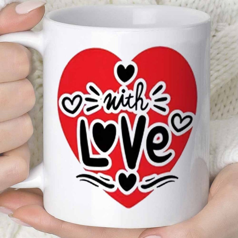 Tailorly White Ceramic 11 oz Mug - With Love Large Red Heart Surrounded By Small Black And White Decorative Heart