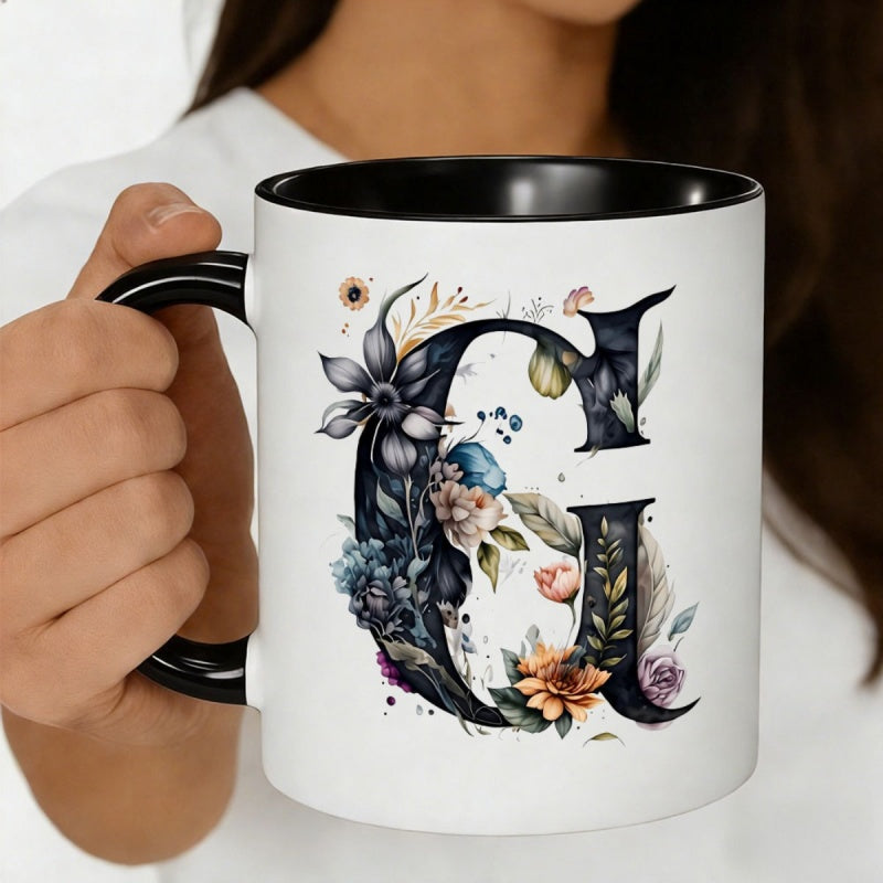 Tailorly Black Accent 11 oz Mug - 1pc black floral letter coffee mugvintage botanical designcolorful flower leaf ceramic mug 11ozperfect for coffee