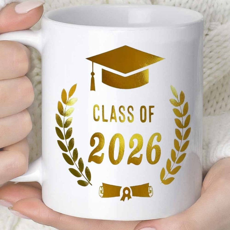 Tailorly White Ceramic 11 oz Mug - Class Of 2026 Golden Graduation Symbols Featuring Laurel Wreath And Academic Cap Mug