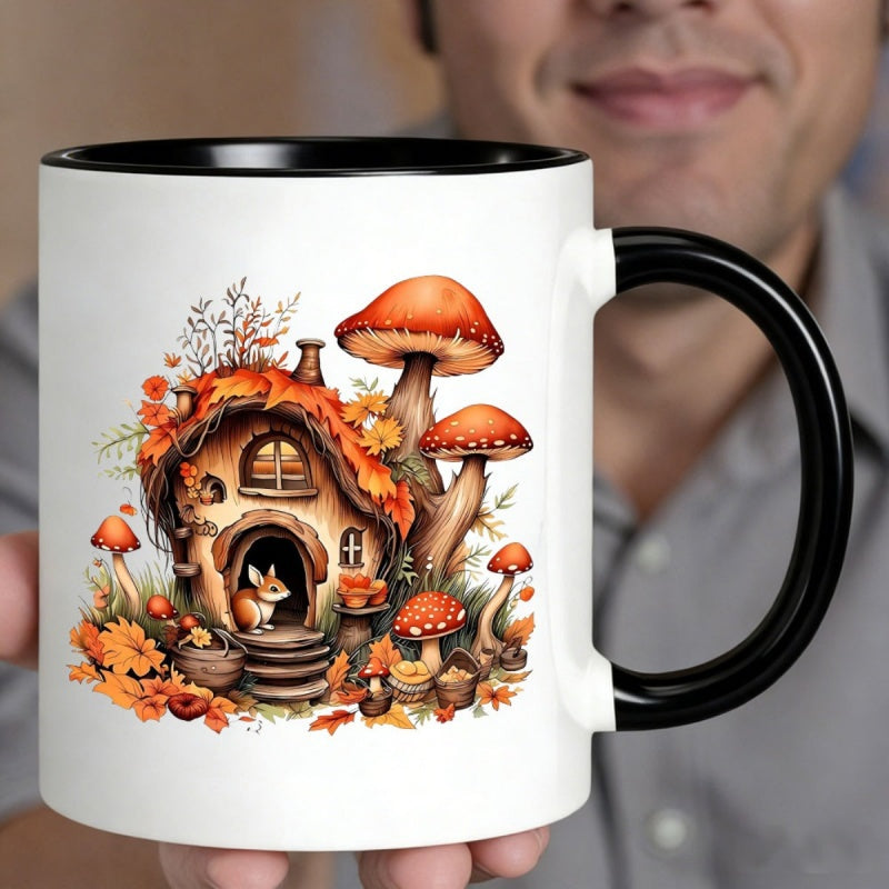 Tailorly Black Accent 11 oz Mug - autumn fairy house with bunny mushrooms