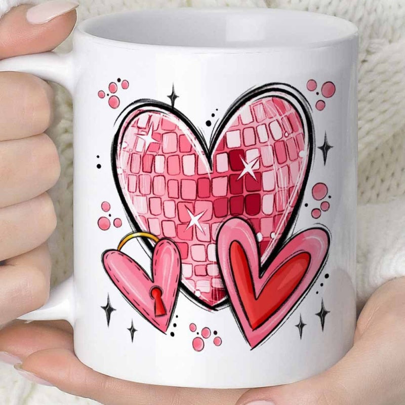 Tailorly White Ceramic 11 oz Mug - Vibrant Pink Disco Ball Surrounded By Sparkling Stars And Smaller Lock Heart