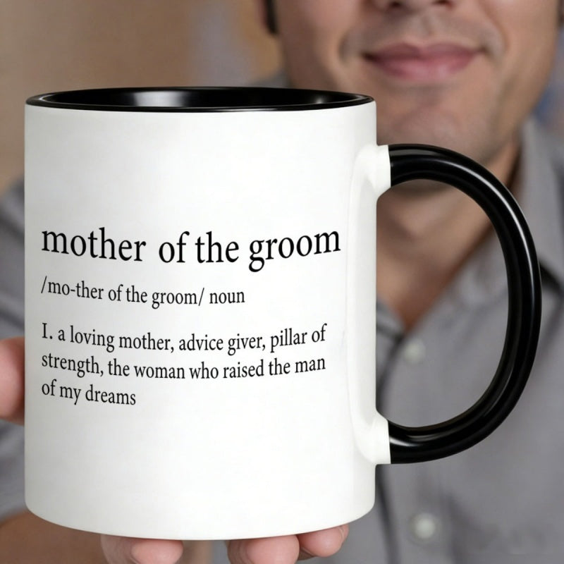 Tailorly Black Accent 11 oz Mug - mother of the groom， pillar of strength， raised the man， perfect gift for bridal events