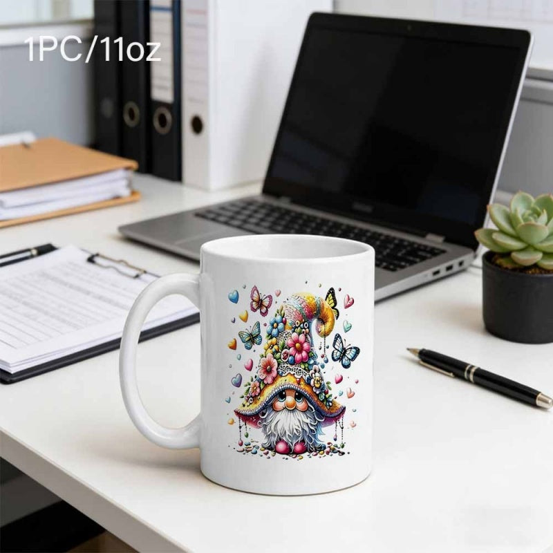 Tailorly White Ceramic 11 oz Mug - Whimsical Garden Dwarf Wearing Floral Hat Surrounded By Delicate Flying Butterflies Gnome