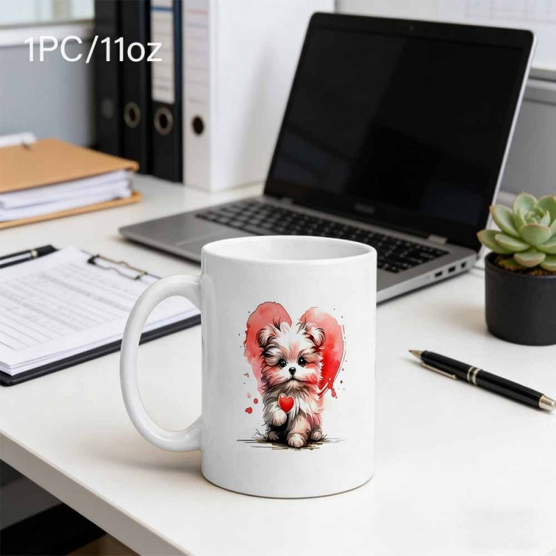 Tailorly White Ceramic 11 oz Mug - Fluffy Little Dog Holding A Small Red Heart Within Large Watercolor Backdrop Puppy