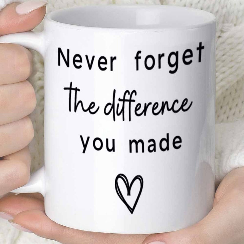 Tailorly White Ceramic 11 oz Mug - Never Forget The Difference You Made Minimalist White Ceramic Featuring Small Black Hand Drawn Heart Outline Mug